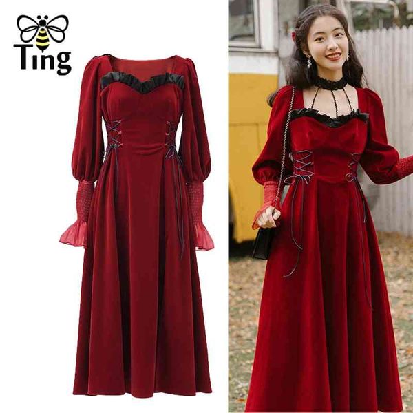 

victorian vintage ruched square collar red velvet a line dress soft egirl lace up high waist vestidos elbise midi long 210513, Black;gray