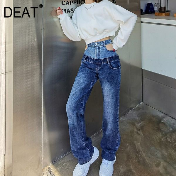 

[seat] high waist wide leg jeans new slim women blue contrast color hollow out patchwork casual fashion tide summer 7e7764 210428