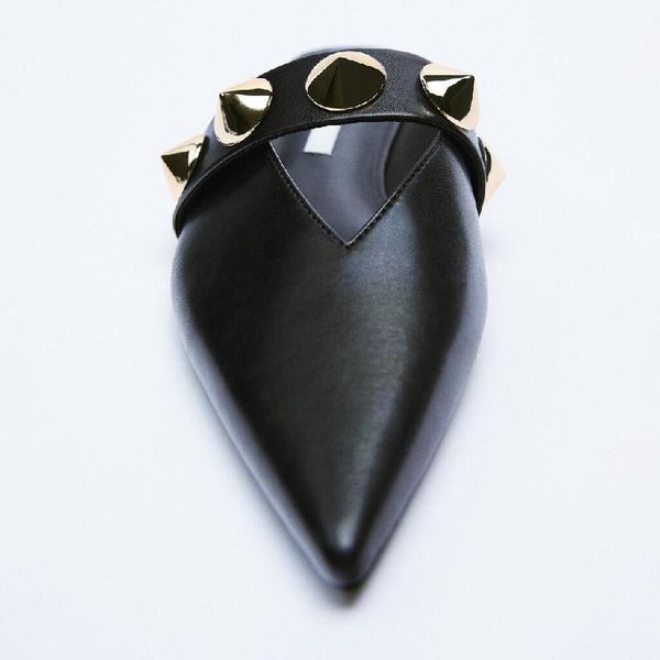 

slippers shoes women ladies' female mule cover toe rivet low soft mules pointed flat rubber slides pu basic for wom, Black