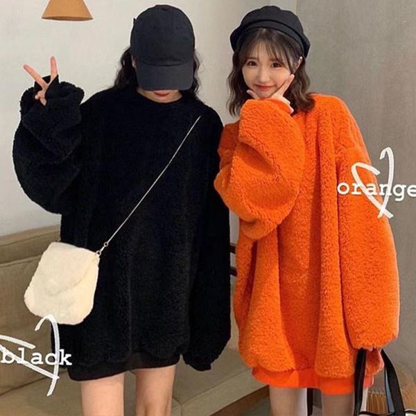 

women's fur & faux lambswool hoodie oversized warm women 2021 autumn winter thick velvet pullovers sweatshirts female outerwear plush, Black