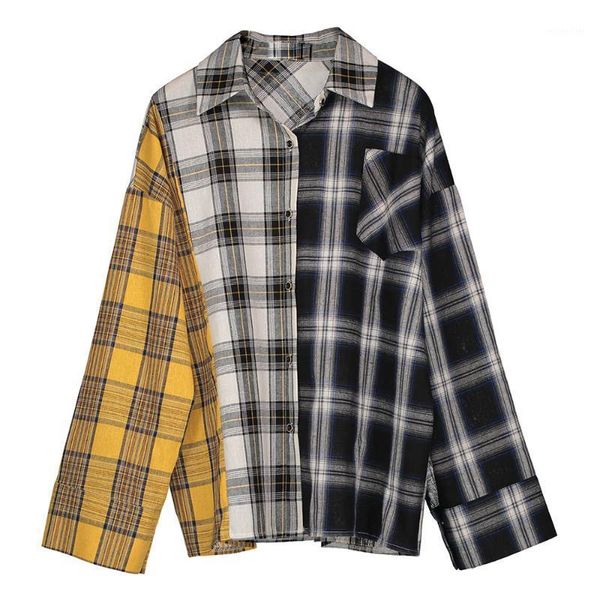 

women's blouses & shirts korean women blouse plaid shirt streetwear female long sleeve patchwork chic punk preppy style girls casual, White