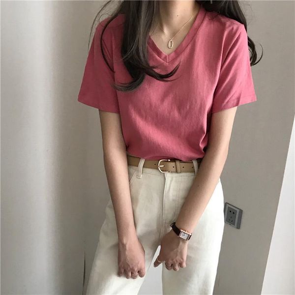

women's t-shirt western style all-matching slimming v-neckline loose short-sleeved clothing student summer 2021 solid color, White