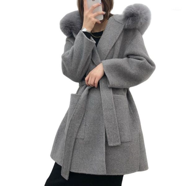 

women's wool & blends double-sided coat women 2021 anti-season mid-length hooded detachable oversized fur collar factory straight hair, Black
