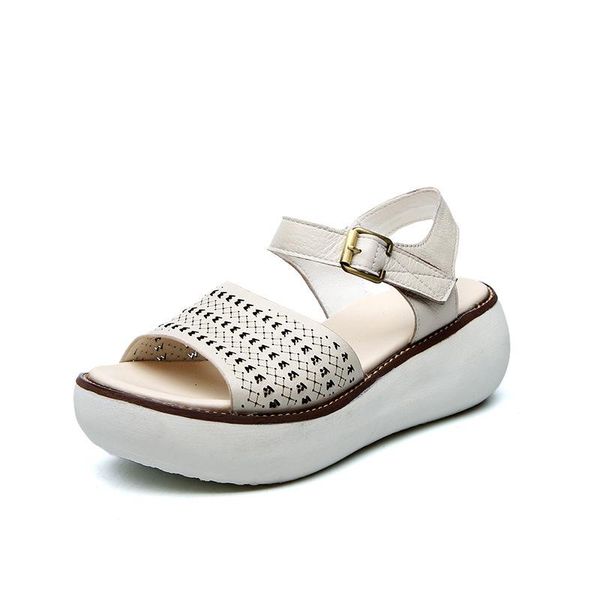 

retro handmade women's sandals thick round head slippers casual hollow out women light sandalias mujer, Black