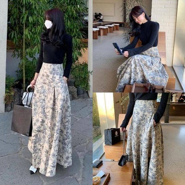 

korean chic vintage high waist women skirt print big swing mujer faldas loose elegant temperament clothing fashion, Black