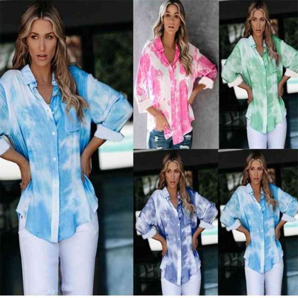 

gradient color printed women's shirt loose tie-dye buttoned women turn-down collar single-breasted blouse femme blusas 210517, Black;gray