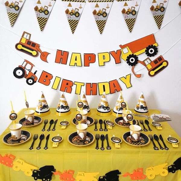 

excavator inflatable balloons construction tractor truck vehicle banners kids boys birthday party supplies disposable tableware decoration