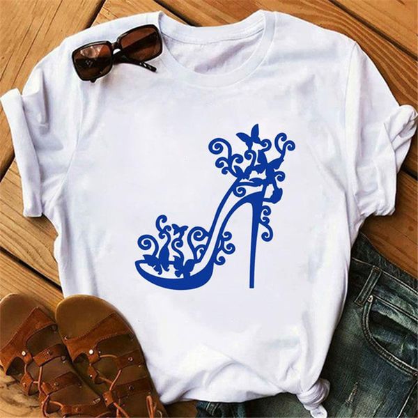 

women's t-shirt fashion women t-shirts short sleeve pink high heel printed o-neck tee summer tshirts, White