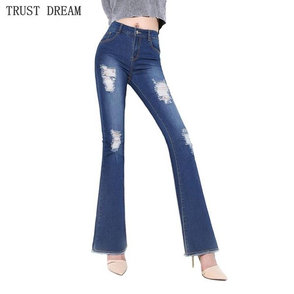

women's jeans 2021 women ripped slim flared hole casual high waist lady pants skinny fit full length up hip mom trousers, Blue
