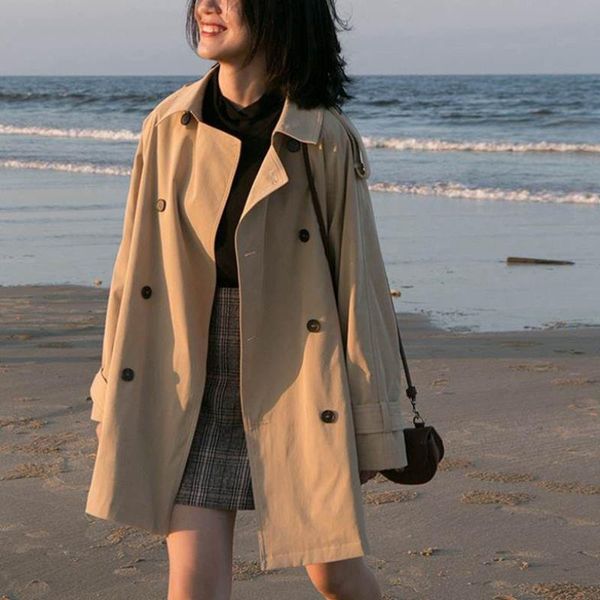 

women's trench coats autumn fashion woman classic double breasted coat vintage long sleeve office outerwear casual loose lapel windbrea, Tan;black