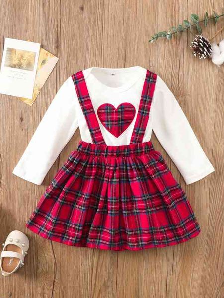 

baby heart embroidery bodysuit & tartan print suspender skirt she, White