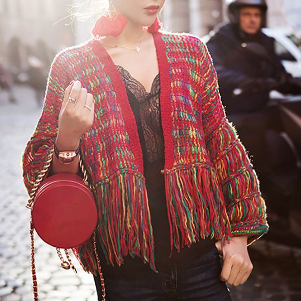 

long runway women outerwear tassel loose sweater coat fashion fall winter raiow knitted weave jackets lantern sleeve cardigan, Black;brown