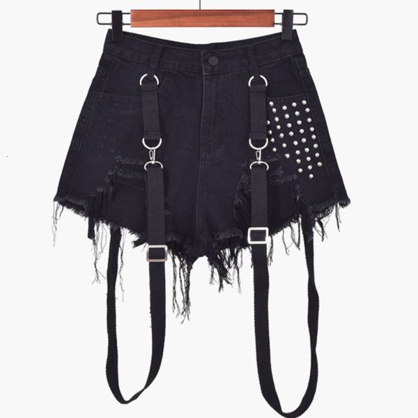 

black strap mini denim shorts women jeans punk hole tassel blue pastel goth pantalones vaqueros mujer micro beaded dekorasyon, White;black