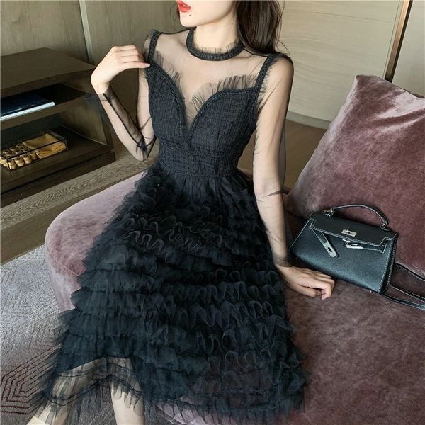 

casual dresses women lace fashion voile slim cascading flounced cake party long ladies elegant evening a-line swing izd0, Black;gray