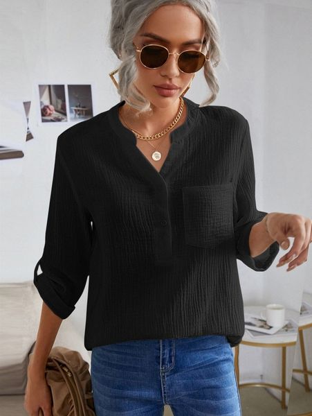 

roll tab sleeve patched pocket blouse a28d#, White