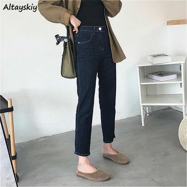 

slit jeans women korean style plus size 4xl casual high waist pockets regular spring fall daily blue stylish trendy lady clothes women'