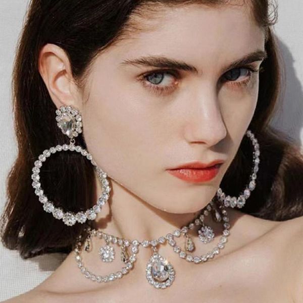 

chokers luxury rhinestone tassel clavicle chain water drop pendant choker necklace for women bling crystal collar statement, Golden;silver