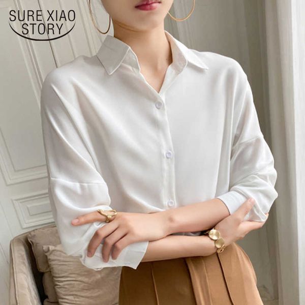 

casual plus size solid chic chiffon blouse women multi color casual lapel loose long sleeve elegant white pink 9862 210527