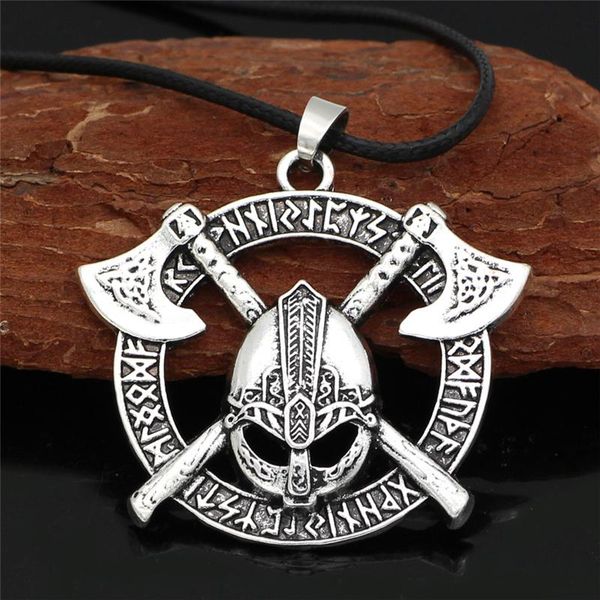 

pendant necklaces nordic culture double axe black leather rope necklace men viking rune alloy ancient yellow fashion jewelry drop, Silver