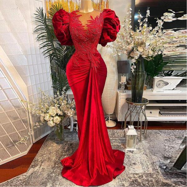 Vermelho Sereia Prom vestido fora do ombro inchado de mangas curtas lantejoulas laço apliques de renda plus size vestido de noite mulheres vestidos de festa de aniversário