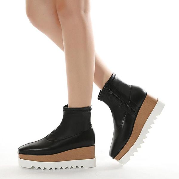 

boots fanan platform ankle for women black square toe wedge heel woman zipper booties fashion leather shoes