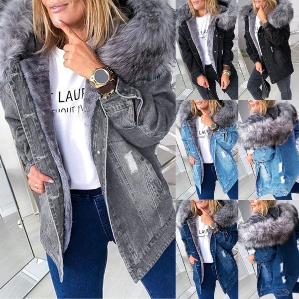 

women's jackets add a long - sleeved denim solid color coat with fur-trimmed collar ladies vintage printed outerwear, Black;brown