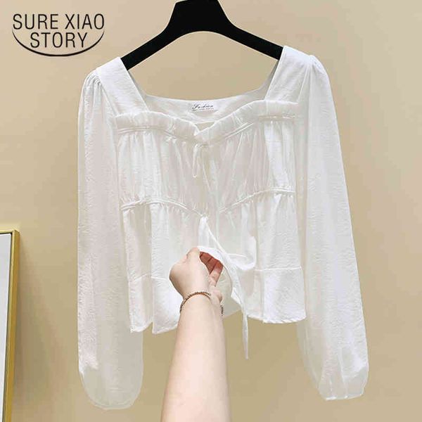 

autumn vintage white shirt lace-up square collar lantern sleeve short womans casual loose blouse women 11230 210415