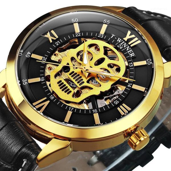 

steampunk skull watch men skeleton automatic mechanical watches leather strap casual male clock wristwatches, Slivery;brown
