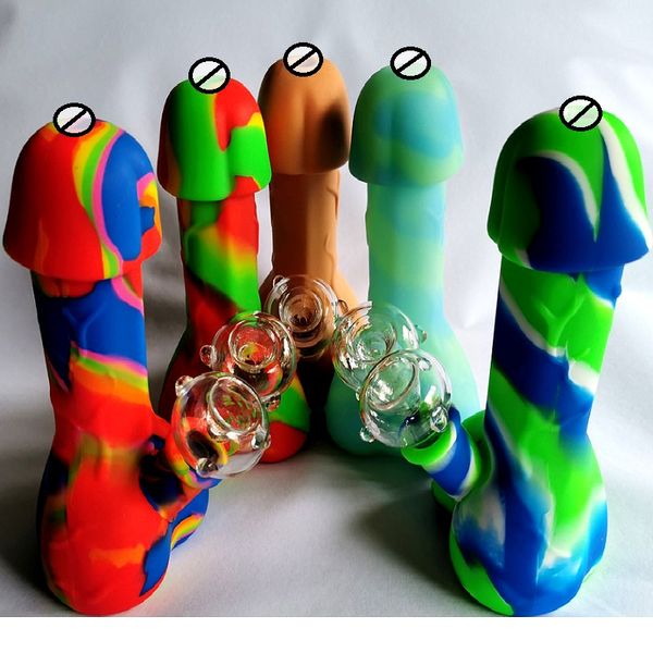 DHL 7,28 Zoll Silikon Dick Penis Wasserpfeifen Rauchen Bongs mit Glasschale einzigartige unzerbrechliche Dame Frauen Öl Wachs Dab Bubbler Rohre