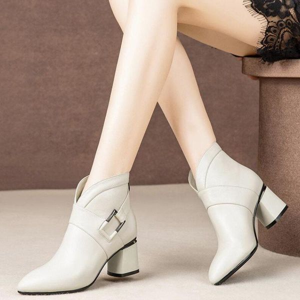 

boots high heels ankle beige black shoes for women leather korean style fashion autumn winter block heel
