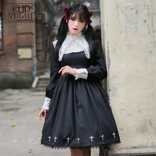 

casual dresses gothic lolita dress girl op lace women cross pattern embroidery cosplay party long sleeve nun sister punk prom summer black r, Black;gray