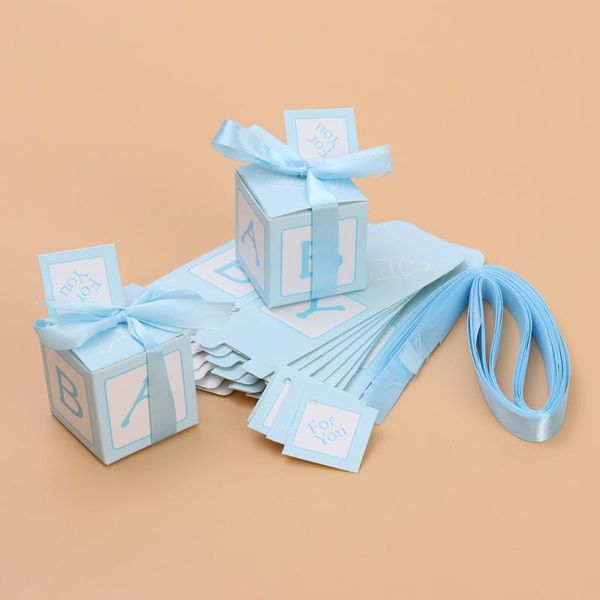 

12pcs wedding baby shower candy boxes printed with stitched ribbon and cards decent chocolate treat boxes(blue) gift wrap