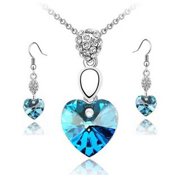 

earrings & necklace luxury austrian crystals heart pendant fine costume jewelry parure bijoux femme 2021, Silver