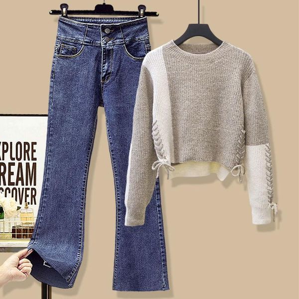

women's two piece pants 2021 women autumn winter suits female knitted patchwork sweater ladies high waist flared jeans two-piece sets, White