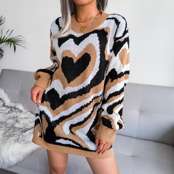 

women's sweaters 2021 european and american autumn winter hit color love sweater dress knitted, White;black