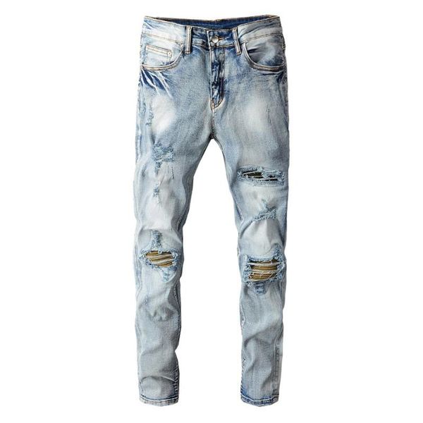 

men's jeans gzdeerax ripped biker streetwear holes patchwork slim skinny stretch denim pencil pants trousers, Blue