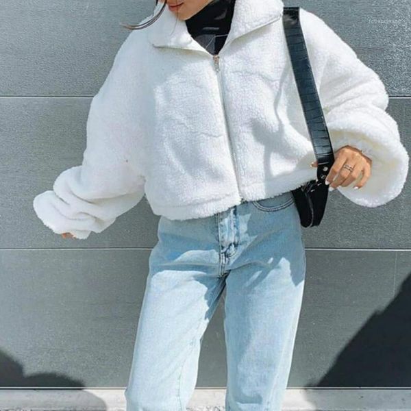 

autumn winter plush warm coats women ladies solid color casual long sleeve short zip-up outwear clothes female white purple women's ja, Black;brown