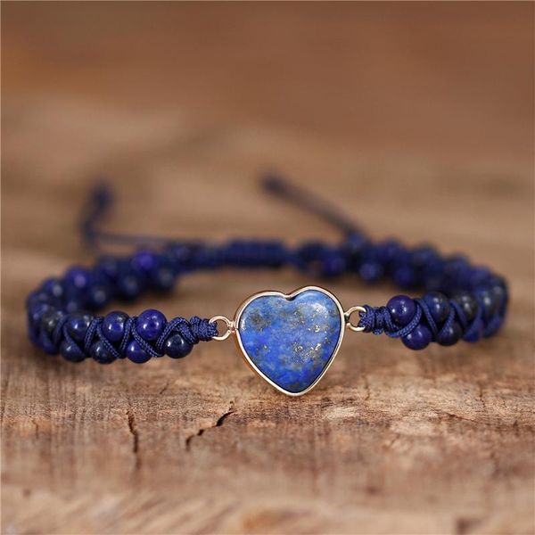 

charm bracelets boho lapis lazuli heart string braided macrame beads bracelet yoga natural stone lover jewelry gift drop, Golden;silver
