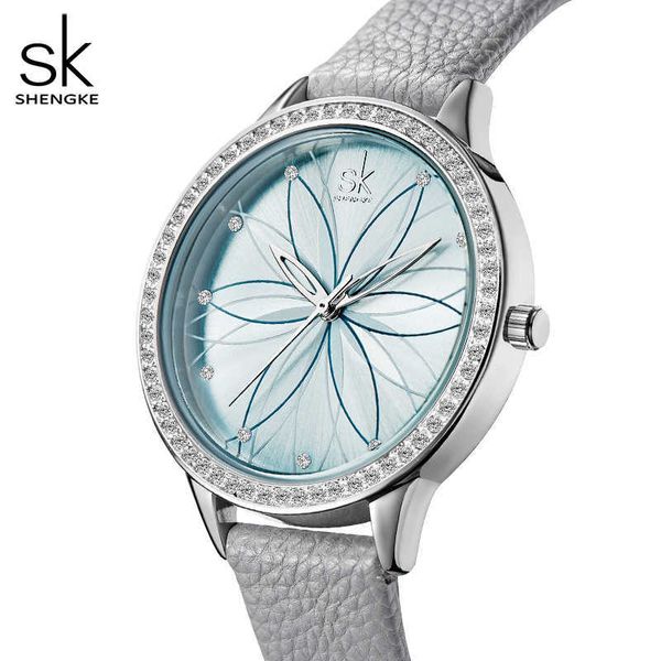 Shengke Women Watchne Linear Flores Superfície Relógios de Couro Cristal Japão Movimento de Quartzo Reloj Mujer Montres Femmes 210720