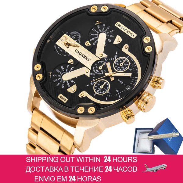 

fashion mens watches brand luxury cagarny dual display military relogio masculino gold steel quartz watch men male clock 210728, Slivery;brown