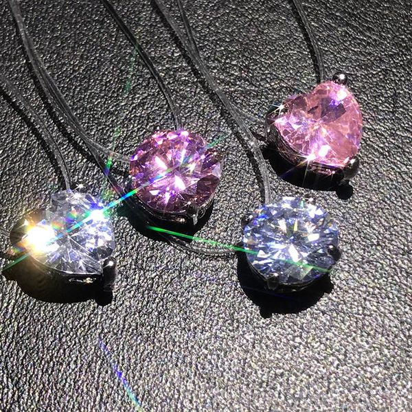 

fishing line design simple pink clear cz round heart pendant crystal necklace for women choker necklaces fashion jewelry chains, Silver