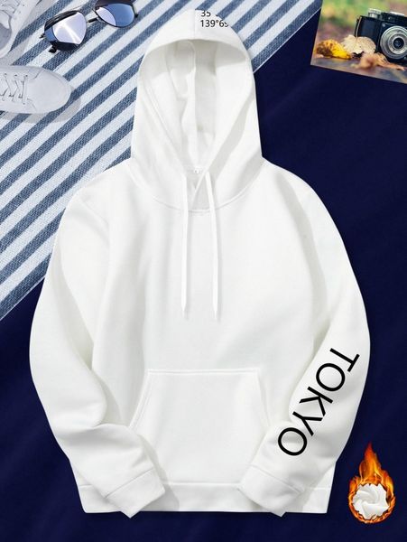 

men letter graphic kangaroo pocket drawstring thermal hoodie m8qv#, Black