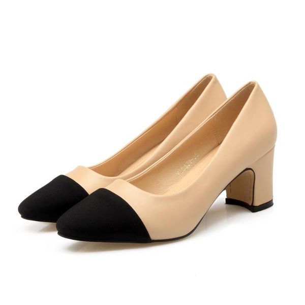 

fashion thick heels women's shoes classics women pumps med shallow mouth square toe pu leather female patchwork dress, Black