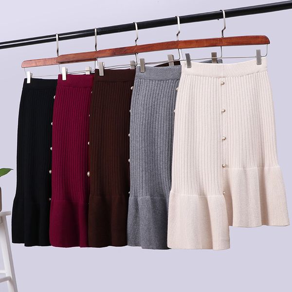 

autumn winter thick knitted mermaid skirt women beading asymmetrical trumpet midi female office lady 210520, Black