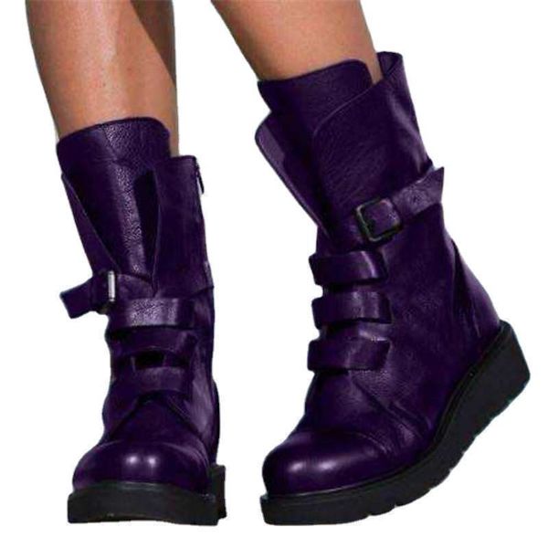 

boots fashion women cool buckle motorcycle wedges casual mid calf designer brand autumn winter shoes woman, Black