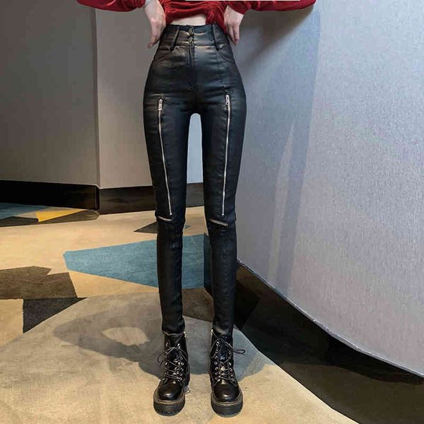 

elegant high waist spring leather pants for casual woman push up black ladies capris, Black;white