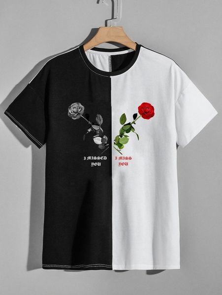

men floral and slogan graphic colorblock tee n5ll#, White;black