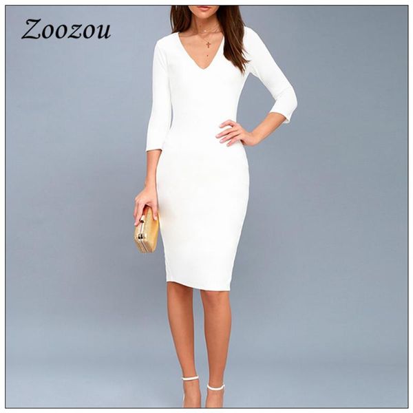 

women elegant white v-neck slim pencil dress plus size 3/4 sleeve bodycon sheath work knee length female custom casual dresses, Black;gray