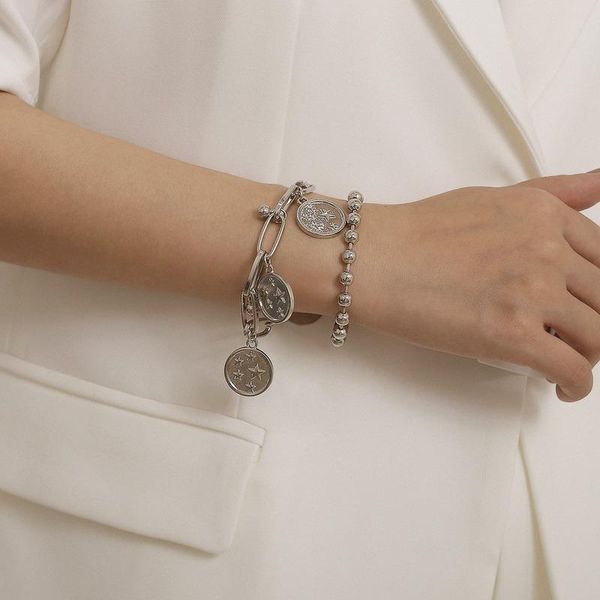 

charm bracelets pjx 2 pieces/set cable chain bracelet with star ball bead for women vintage, Golden;silver