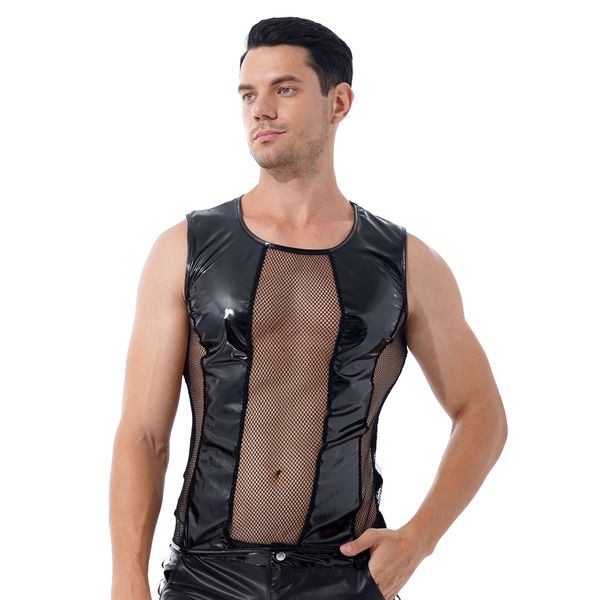 

mens patent leather round neck sleeveless t-shirt tee featuring with see-through hollow out fishnet patchwork clubwear, Black;white
